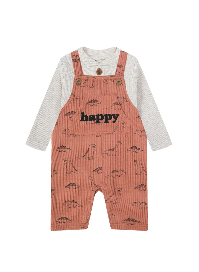Luna & Lily Textured T-Shirt and Dino Print Ribbed Dungaree Set