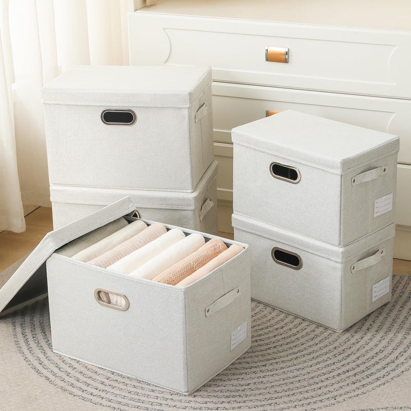 PRANDOM Large Collapsible Storage Bins with Lids [3-Pack] Fabric Foldable Storage Boxes Organizer Containers Baskets Cube with Cover for Home Bedroom Closet Office Beige(17.3x11.8x11.8) - Image 2