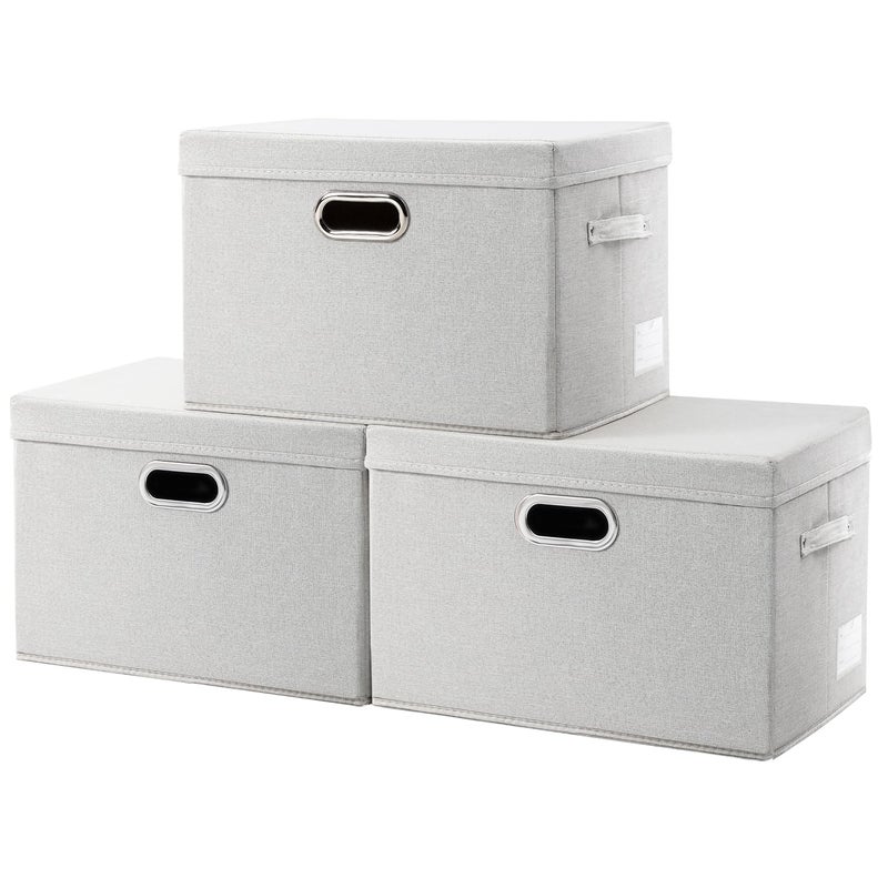 PRANDOM Large Collapsible Storage Bins with Lids [3-Pack] Fabric Foldable Storage Boxes Organizer Containers Baskets Cube with Cover for Home Bedroom Closet Office Beige(17.3x11.8x11.8) - Image 1