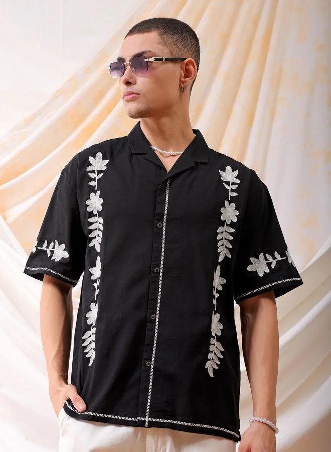 The Indian Garage Co Men Relaxed Fit Placement Embroidered Half Sleeves Cuban collar Resort Wear Shirt