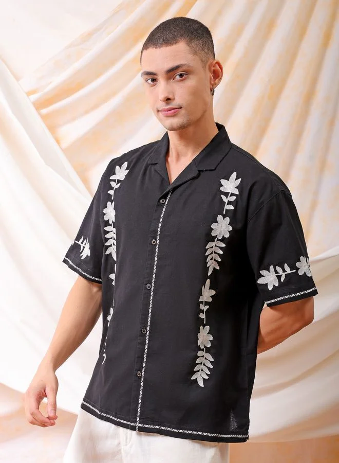 The Indian Garage Co Men Relaxed Fit Placement Embroidered Half Sleeves Cuban collar Resort Wear Shirt