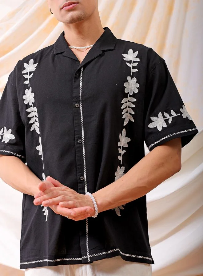 The Indian Garage Co Men Relaxed Fit Placement Embroidered Half Sleeves Cuban collar Resort Wear Shirt