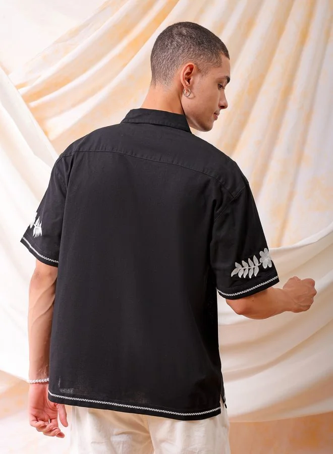 The Indian Garage Co Men Relaxed Fit Placement Embroidered Half Sleeves Cuban collar Resort Wear Shirt