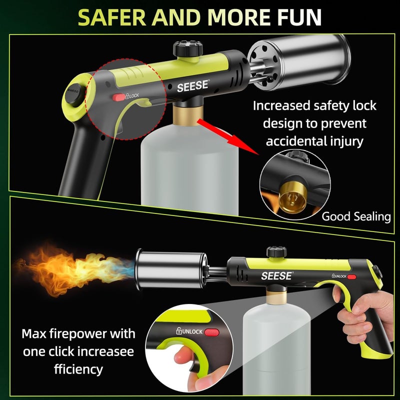 SEESE Powerful Propane Torch Gun,Kitchen Cooking Torch With One-Touch Max Fire, Charcoal Lighter with a Safety Lock, Adjustable Blow Torch for Sous Vide, BBQ, Campfire, Fireplace(Tank Not Included) - Image 4