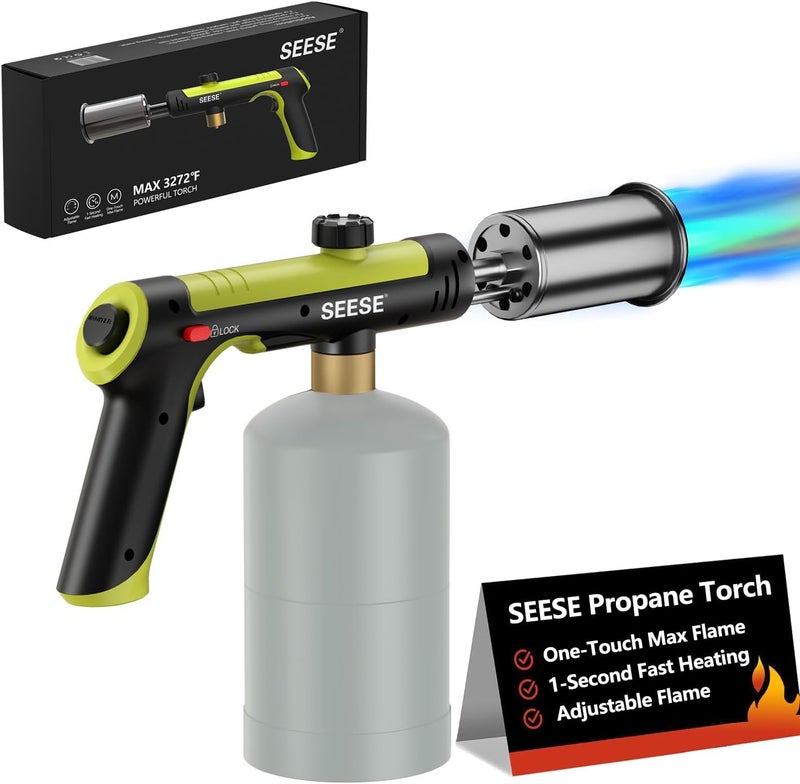 SEESE Powerful Propane Torch Gun,Kitchen Cooking Torch With One-Touch Max Fire, Charcoal Lighter with a Safety Lock, Adjustable Blow Torch for Sous Vide, BBQ, Campfire, Fireplace(Tank Not Included) - Image 1
