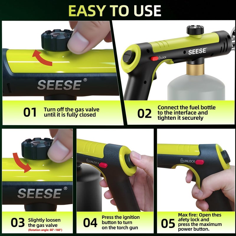 SEESE Powerful Propane Torch Gun,Kitchen Cooking Torch With One-Touch Max Fire, Charcoal Lighter with a Safety Lock, Adjustable Blow Torch for Sous Vide, BBQ, Campfire, Fireplace(Tank Not Included) - Image 3