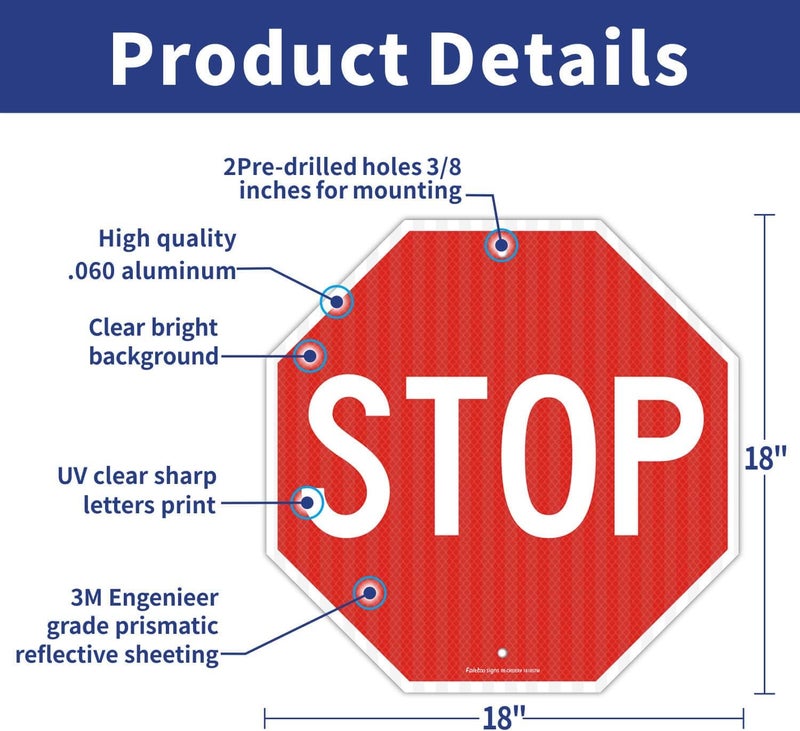 Faittoo Stop Signs,18 x 18 Inches Octagon Engineer Grade Reflective Sheeting Street Slow Warning Signs, Rust Free Aluminum, Reflective, UV Protected and Waterproof, Weather Resistant, Durable Ink - Image 2