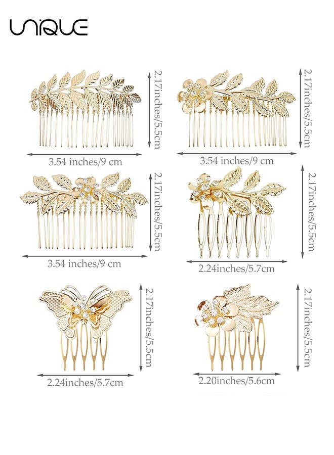 يونيك 6 قطع من دبابيس الشعر المزينة بحجر الراين على شكل ورقة وفراشة بأسنان لحفل الزفاف، لعروسة وصديقاتها كأكسسوارات شعر للنساء والفتيات (ذهبي) - Image 2