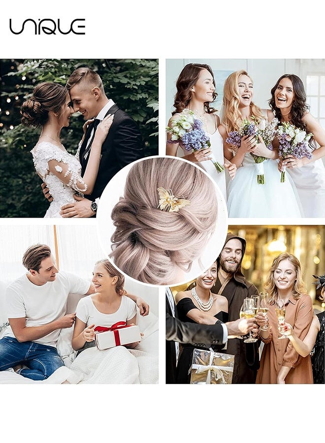 يونيك 6 قطع من دبابيس الشعر المزينة بحجر الراين على شكل ورقة وفراشة بأسنان لحفل الزفاف، لعروسة وصديقاتها كأكسسوارات شعر للنساء والفتيات (ذهبي) - Image 5