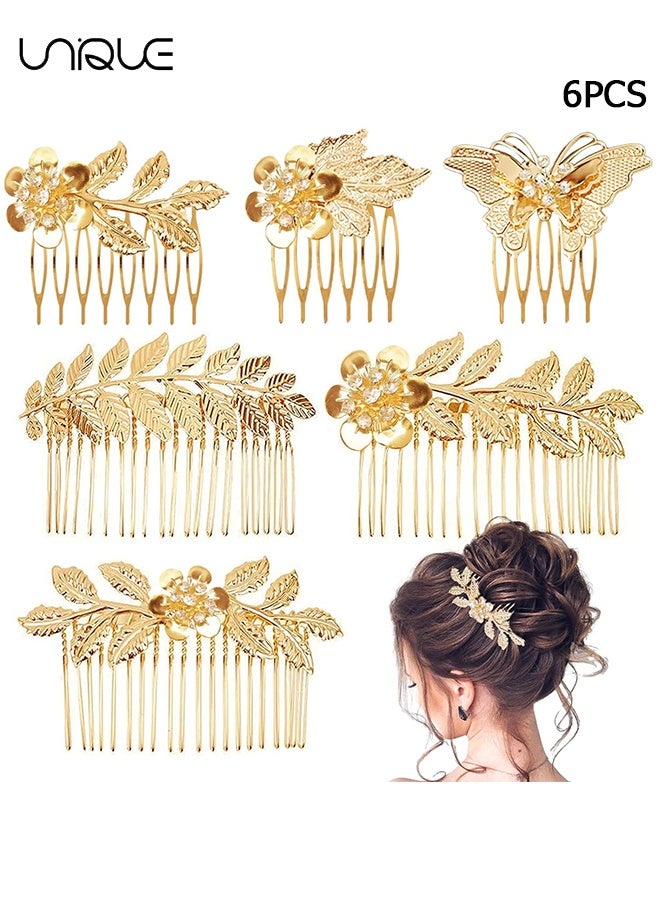 يونيك 6 قطع من دبابيس الشعر المزينة بحجر الراين على شكل ورقة وفراشة بأسنان لحفل الزفاف، لعروسة وصديقاتها كأكسسوارات شعر للنساء والفتيات (ذهبي) - Image 1