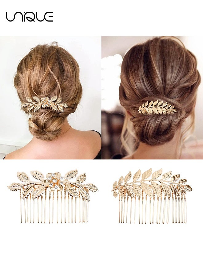 يونيك 6 قطع من دبابيس الشعر المزينة بحجر الراين على شكل ورقة وفراشة بأسنان لحفل الزفاف، لعروسة وصديقاتها كأكسسوارات شعر للنساء والفتيات (ذهبي) - Image 3