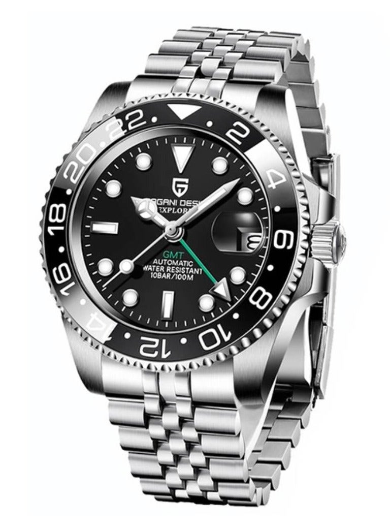 PAGANI DESIGN PD1662 Black GMT Men’s Automatic Watch – 40mm Stainless Steel Jubilee - Image 1