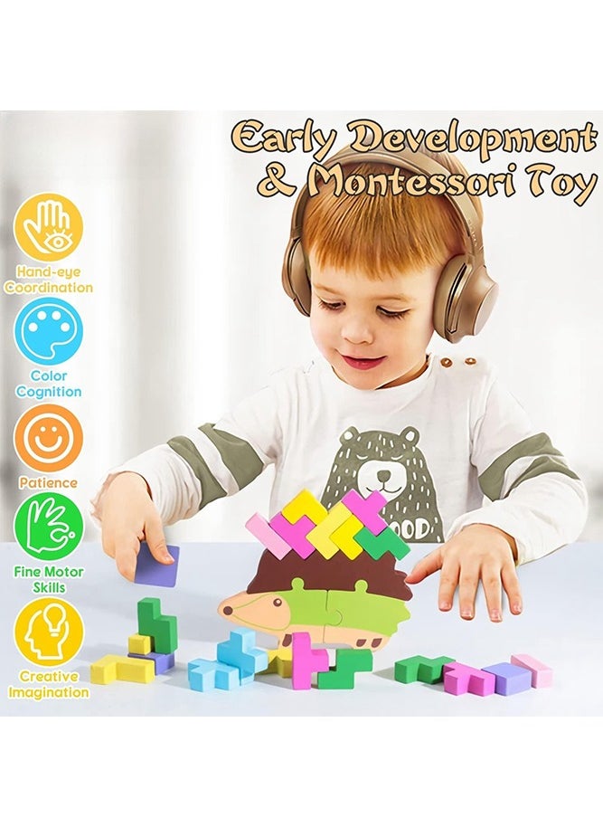 Bebiland 2-in-1 Wooden Blocks Stacking Toys, Hedgehog Tetris Game Toy for 3+ Years Old Kids  - Image 3