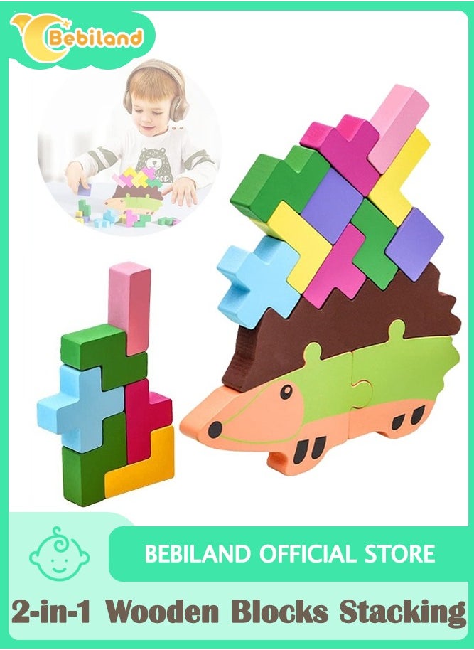 Bebiland 2-in-1 Wooden Blocks Stacking Toys, Hedgehog Tetris Game Toy for 3+ Years Old Kids  - Image 1