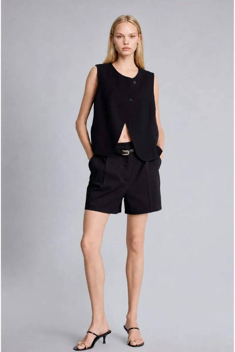 Defacto Asymmetric V-Neck Linen Blended Vest