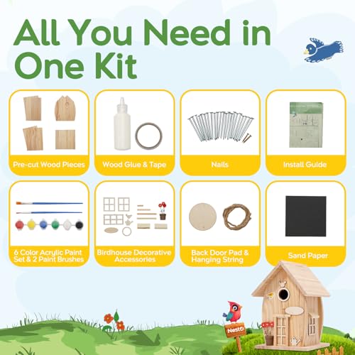 NESTO Wooden DIY Bird House Kit for Adults to Build Outdoor Woodworking Crafts Freestyle Painting Hanging Birdhouse for Garden Yard Decor Gifts Nesto - Image 3