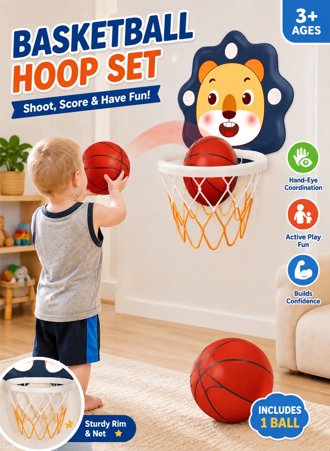 Indoor Mini Basketball Hoop for Toddlers Kids Boys Age 3+ Bedroom,Adjustable Height,Space-Saving,Christmas Birthday Gifts Toy for Boys 3 4 5 6 7 8,Toddler blue Toys Age 3+