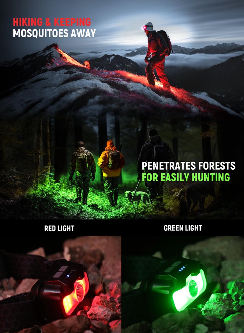 SYOSI 1300 Lumen Rechargeable Headlamp, Ultra Light, Bright with White, Red, Green Lights, 14 Adjustable Modes, Waterproof Motion Sensor Headlight for Camping, Running, Cycling, Hiking - Image 3