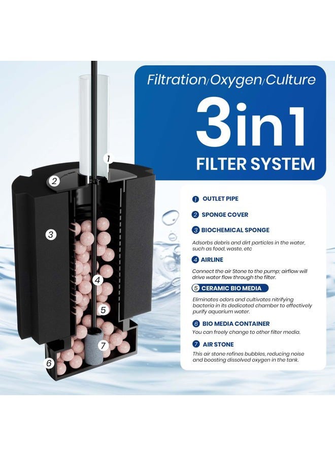 ALEGI Aquarium Bio Sponge Filter with Ceramic Media for Clear and Quiet Aquariums for Betta Fry Shrimp Tiny Fish Tank (10-40 Gallon 1 Pack) - Image 4