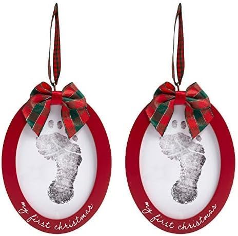 Pearhead Babyprints DoubleSided Christmas Photo Ornament with Clean Touch Ink Pad Babys First Christmas Holiday Keepsake Ornament Newborn Handprint or Footprint Kit 2 Sided Red Pack of 2 - Image 1