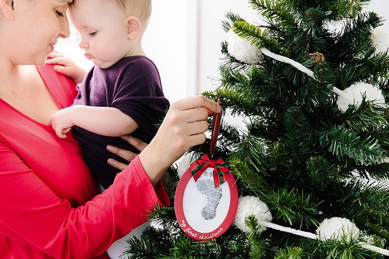 Pearhead Babyprints DoubleSided Christmas Photo Ornament with Clean Touch Ink Pad Babys First Christmas Holiday Keepsake Ornament Newborn Handprint or Footprint Kit 2 Sided Red Pack of 2 - Image 5
