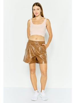 Threadbare Women Textured Leather Basic Shorts, Brown  - Image 3