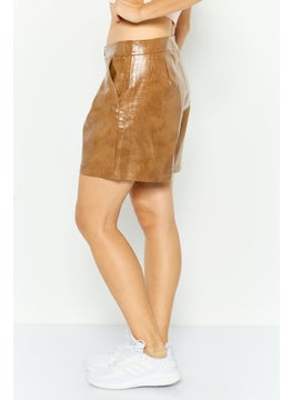 Threadbare Women Textured Leather Basic Shorts, Brown  - Image 4