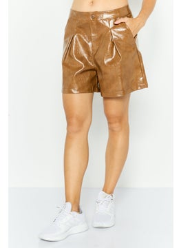 Threadbare Women Textured Leather Basic Shorts, Brown  - Image 1
