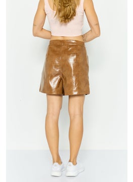 Threadbare Women Textured Leather Basic Shorts, Brown  - Image 2