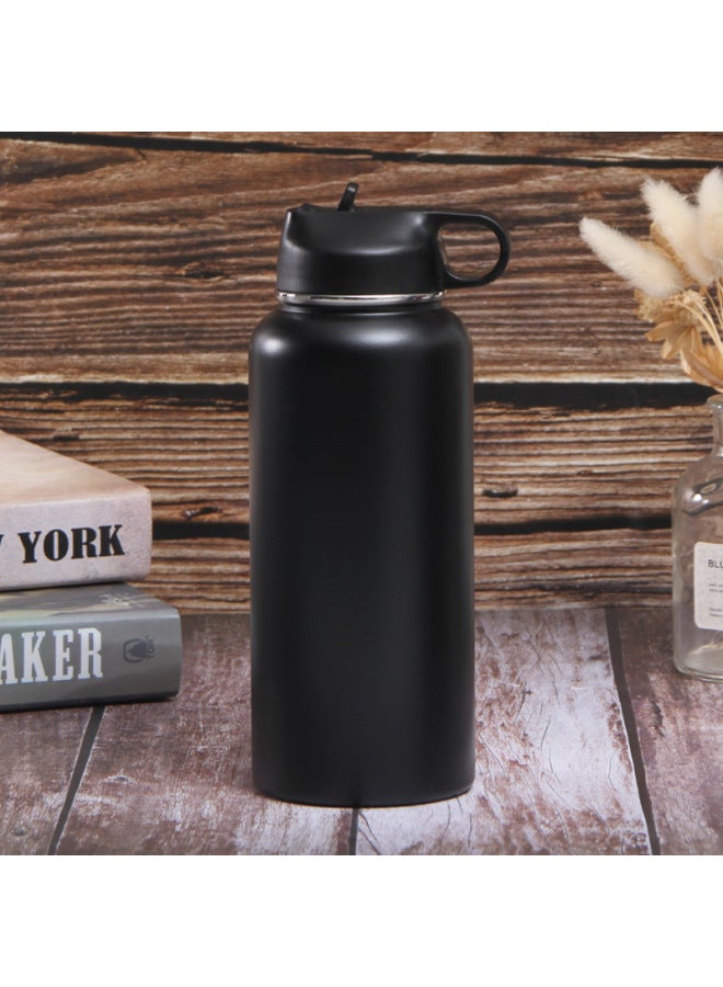 Black Double Layer 32oz Spray Plastic Space Kettle Stainless Steel Sports Kettle Outdoor Large Capacity Vacuum Thermos