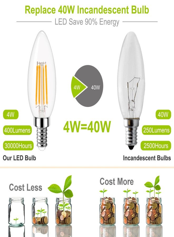مصباح LED قابل للتعتيم بقاعدة شمعدان، يعادل 40 واط، مصباح ثريا E12، أبيض دافئ 3000 كلفن، 400 لومن، مؤشر تجسيد اللون 85+، مصباح مروحة سقف B11 من النوع B بقوة 4 واط، مصابيح شمعة بخيوط شفافة وقاعدة صغيرة، عبوة من 10 مصابيح - Image 5