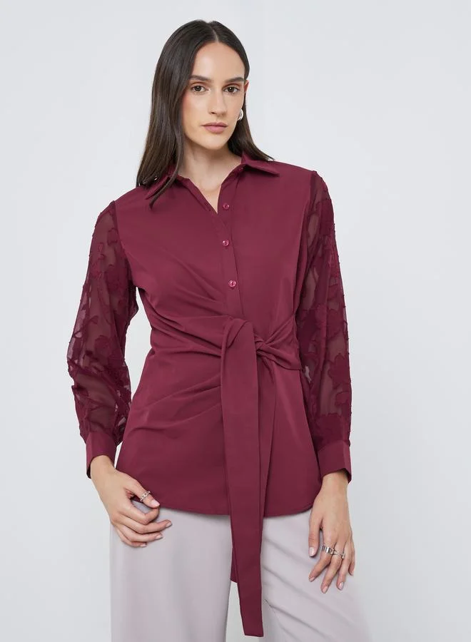 Styli Styli Front Knot Lace Long Sleeve Buttoned Shirt
