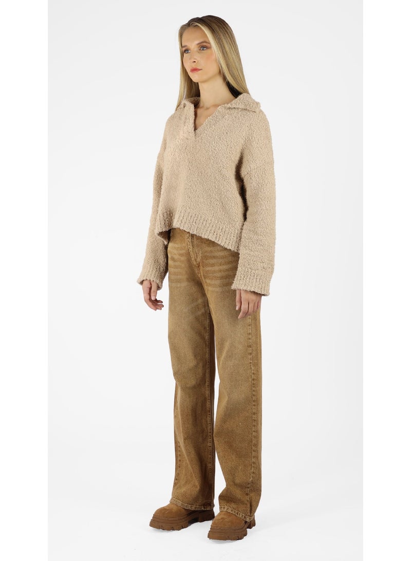 KYVELi Cozy Textured V-Collar Sweater for Women – Beige - Image 5