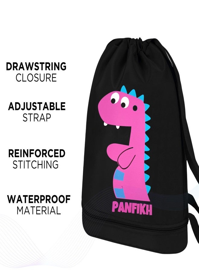 PANFIKH Swimming Bag for Kids with Drawstring Closure and Wet & Dry Separation Pockets Swim Accessories Backpack for Girls and Boys Age upto 8 to 13 years (Black-Pink) - Image 3