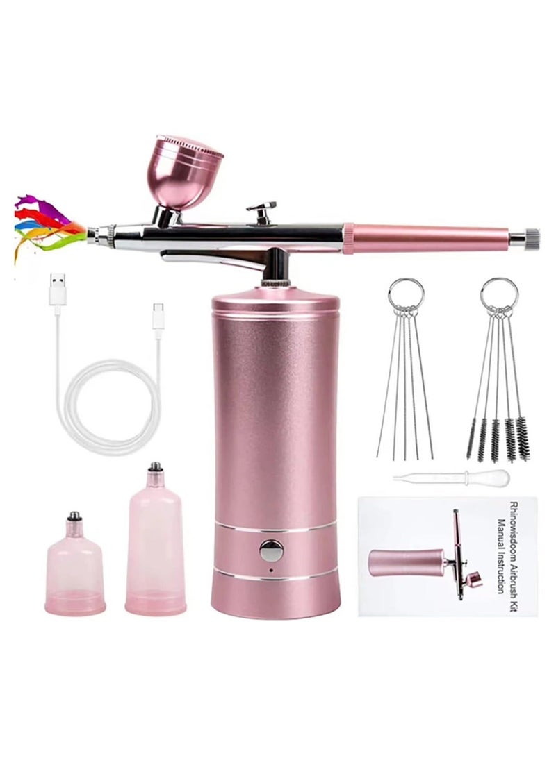مجموعة أدوات الأظافر الهوائية بالرش، مجموعة الرش اللاسلكية مع ضاغط الهواء، رشاش هوائي محمول يدويًا ولاسلكيًا وقابل لإعادة الشحن للمكياج وتزيين الكعك وفن الأظافر والوشم ورسم الوجه (وردي) - Image 1