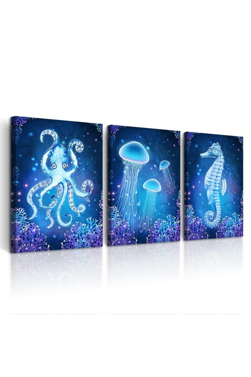 DZRWUBHS Wall Art For Living Room Bedroom Large Wall Decor Blue Ocean Life Theme Art Prints Wall Artworks Sea Animal Sea Horse Octopus Jellyfish Pictures Bathroom Modern Home Decor Painting Posters - Image 1