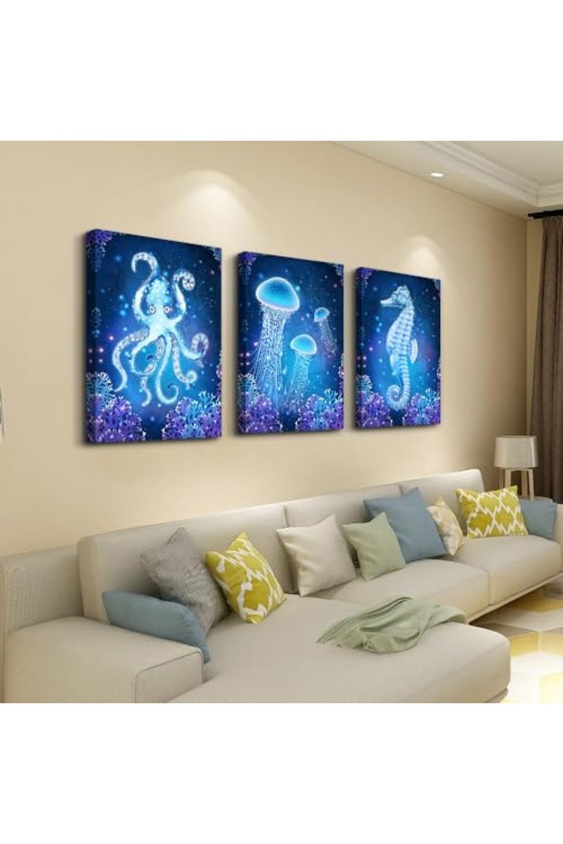 DZRWUBHS Wall Art For Living Room Bedroom Large Wall Decor Blue Ocean Life Theme Art Prints Wall Artworks Sea Animal Sea Horse Octopus Jellyfish Pictures Bathroom Modern Home Decor Painting Posters - Image 2