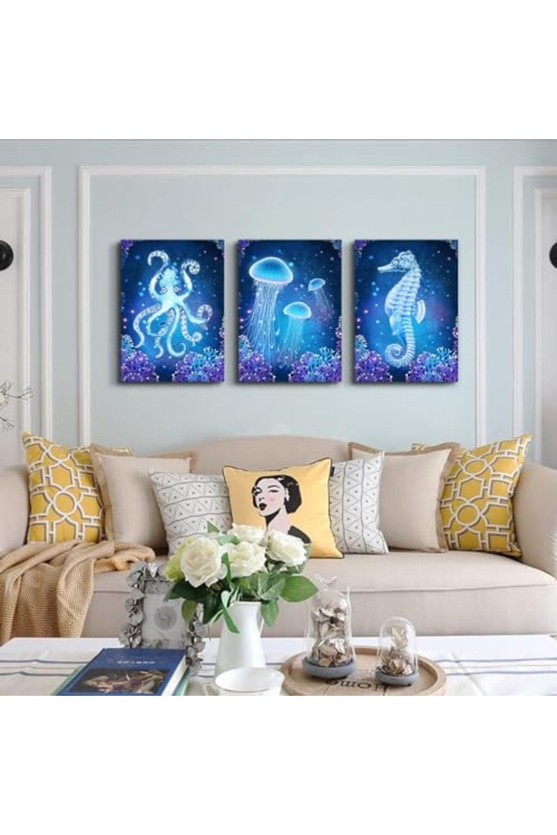 DZRWUBHS Wall Art For Living Room Bedroom Large Wall Decor Blue Ocean Life Theme Art Prints Wall Artworks Sea Animal Sea Horse Octopus Jellyfish Pictures Bathroom Modern Home Decor Painting Posters - Image 5