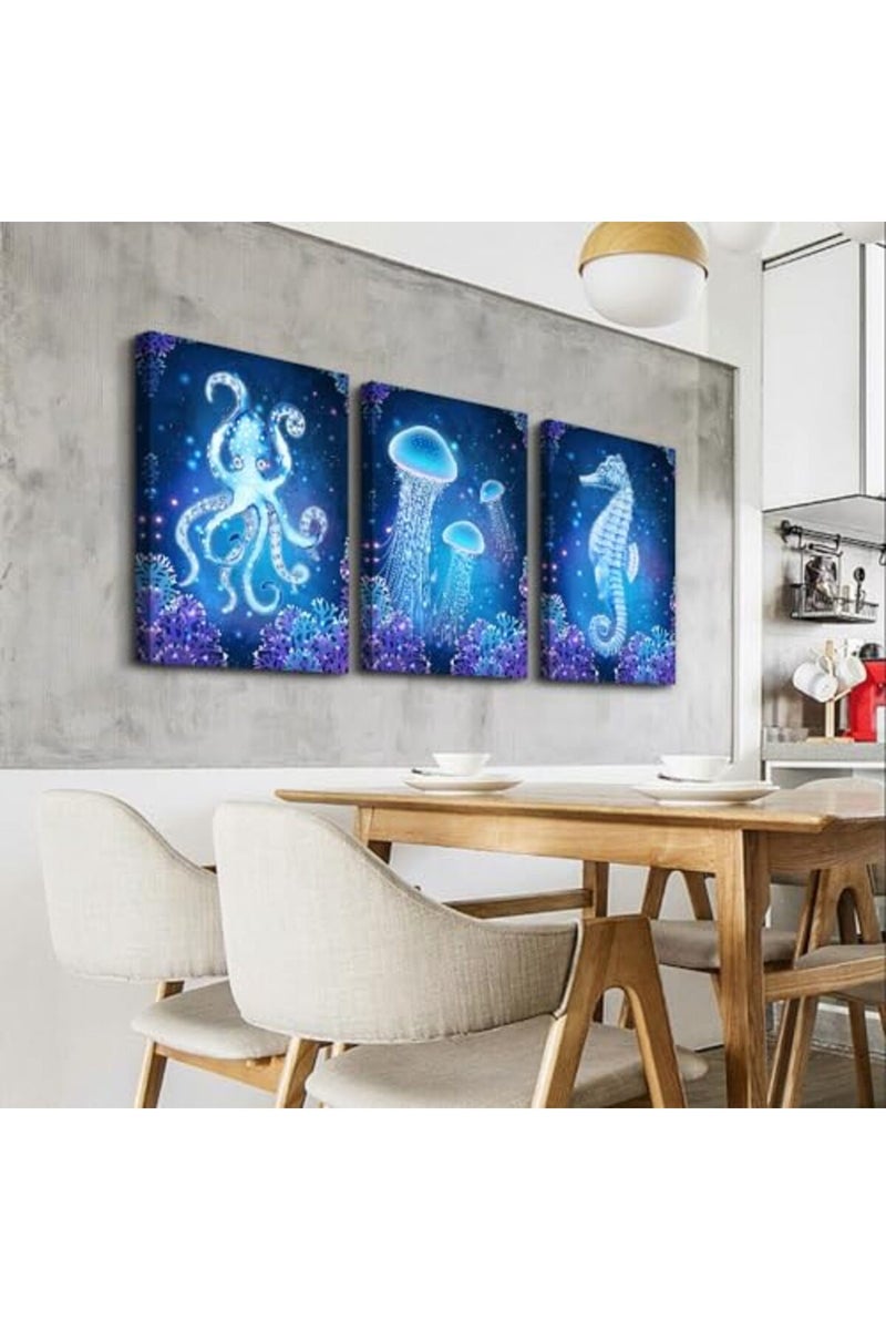 DZRWUBHS Wall Art For Living Room Bedroom Large Wall Decor Blue Ocean Life Theme Art Prints Wall Artworks Sea Animal Sea Horse Octopus Jellyfish Pictures Bathroom Modern Home Decor Painting Posters - Image 4