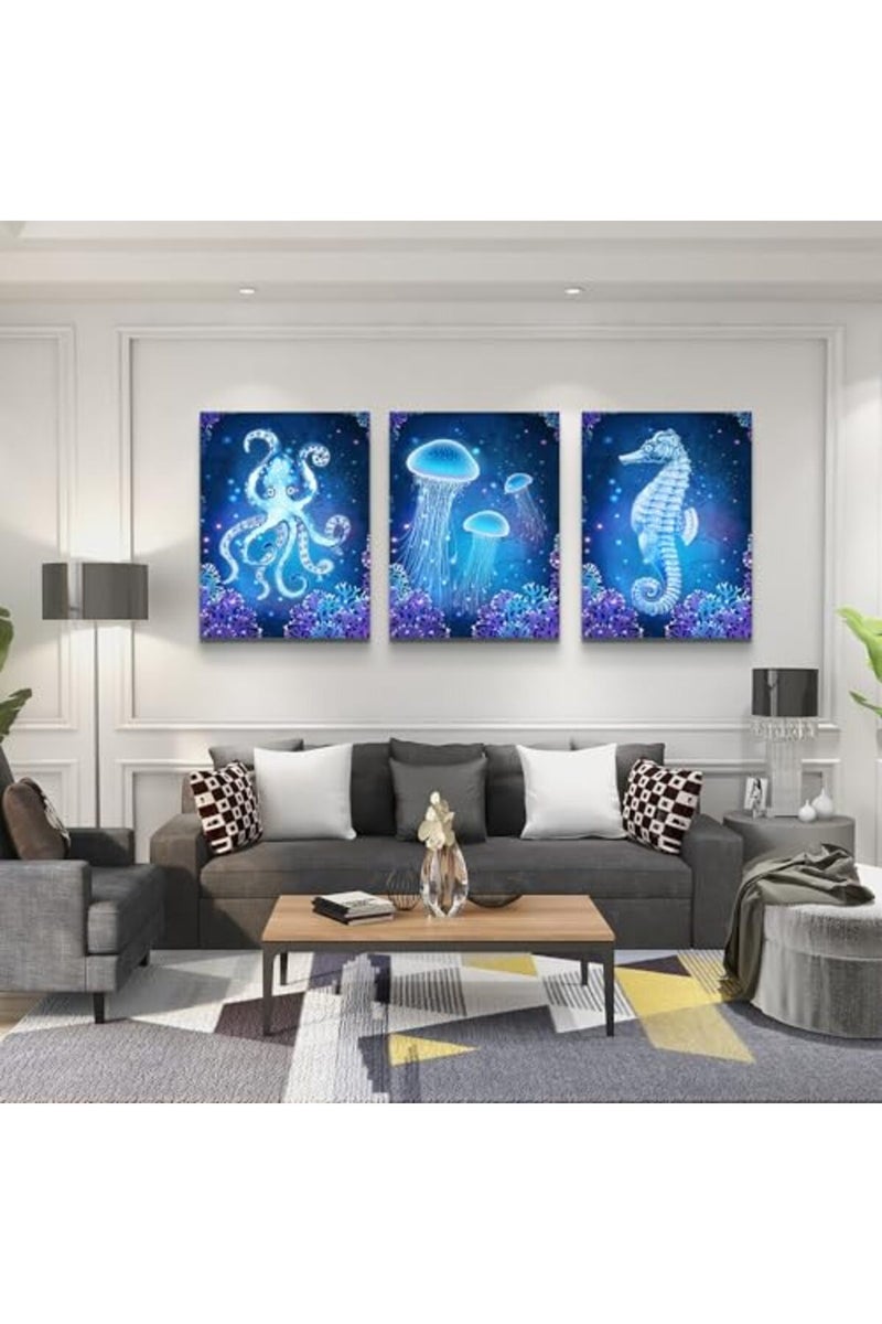 DZRWUBHS Wall Art For Living Room Bedroom Large Wall Decor Blue Ocean Life Theme Art Prints Wall Artworks Sea Animal Sea Horse Octopus Jellyfish Pictures Bathroom Modern Home Decor Painting Posters - Image 3