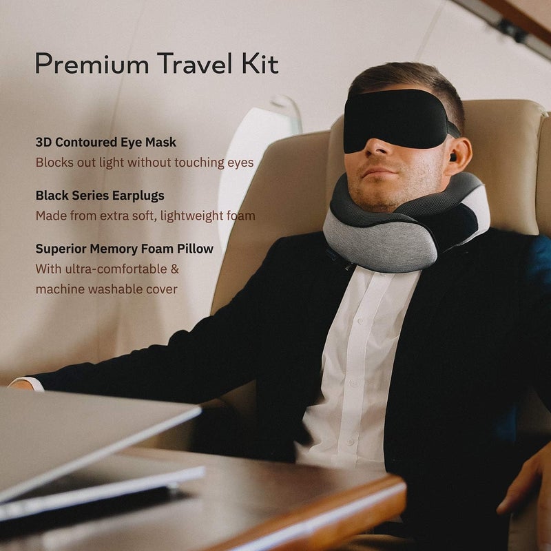 Proglobe Travel Neck Pillows for Airplanes, Sleeping Essentials for Long haul Flights, 360° Head Support, Car and Airplane Kit with 3D Contoured Eye Mask, Earplugs and Luxury Mesh Bag (Adult, Grey) - Image 2