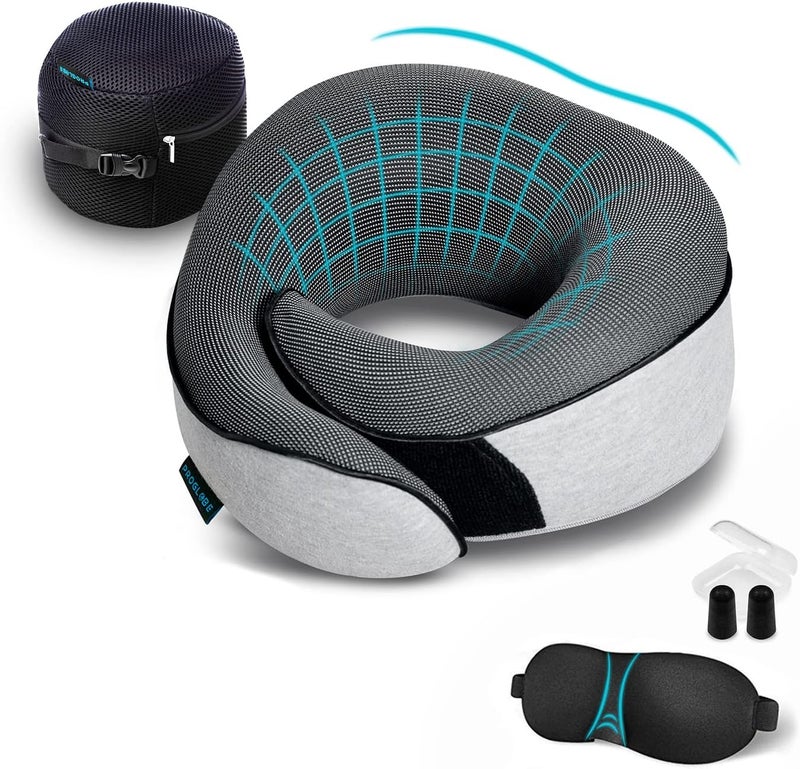 Proglobe Travel Neck Pillows for Airplanes, Sleeping Essentials for Long haul Flights, 360° Head Support, Car and Airplane Kit with 3D Contoured Eye Mask, Earplugs and Luxury Mesh Bag (Adult, Grey) - Image 1