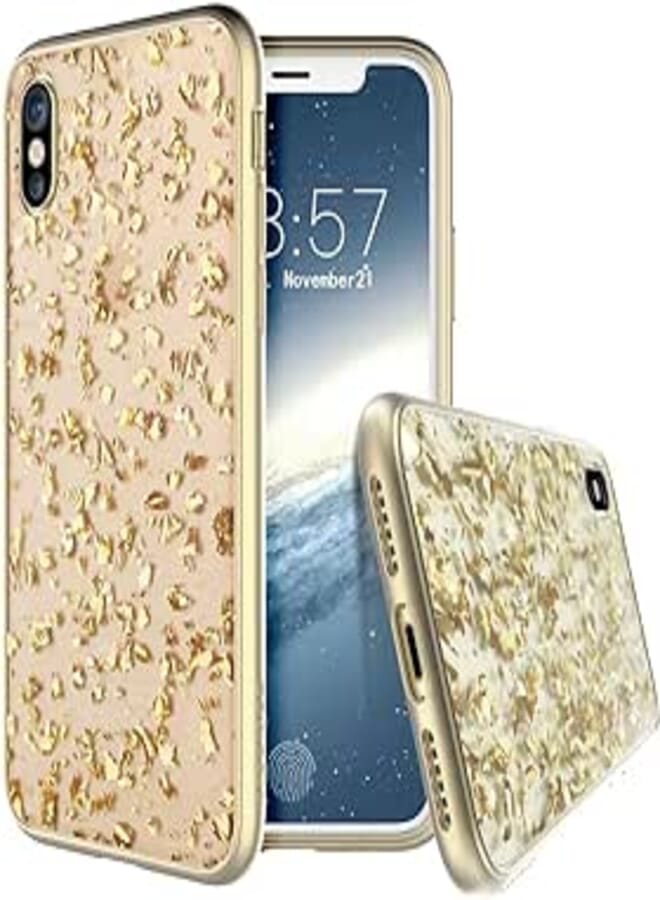 Apple iphone x (2017) iphone xs (2018) case - gold | treasure series | transparent sparkling glitter flakes | 2 meters military grade drop d | scratch resistant | shockproof - 5.8 inch
