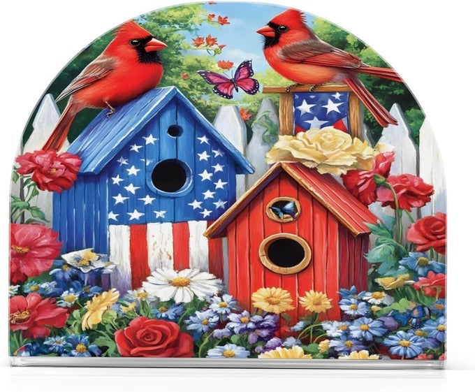 PATRIOTIC BIRDHOUSE BIRDS AMERICAN FLAG NAPKIN HOLDER FOR TABLES PAPER COCKTAIL NAPKIN HOLDERS FOR KITCHEN DINNINGACRYLIC DINNER NAPKIN DISPENSER FOR RESTAURANT HOME DECOR BAR ACCESSORIES 1 PACK