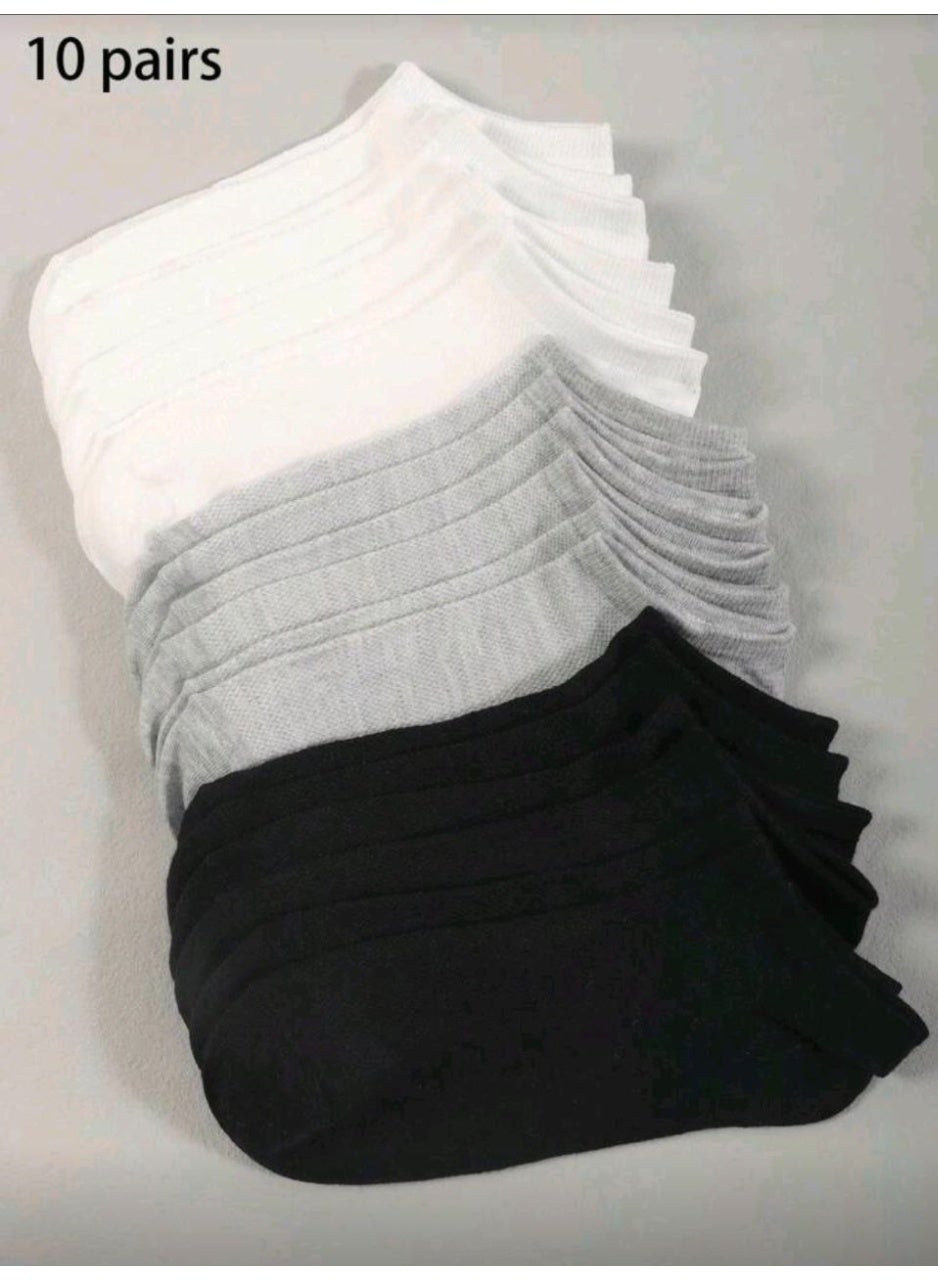 SHEIN-10 Pairs Kids Mesh Solid Color Black White Grey Breathable Short Socks