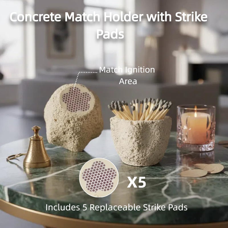 Augonla 3.34â€ x 2.95â€ x 2.36â€ Concrete Match Holder with Striker, Box of Matches for Decorative Matches, Match Box for Fireplace Candles, Home Bathroom Decor, Oatmeal - Image 2