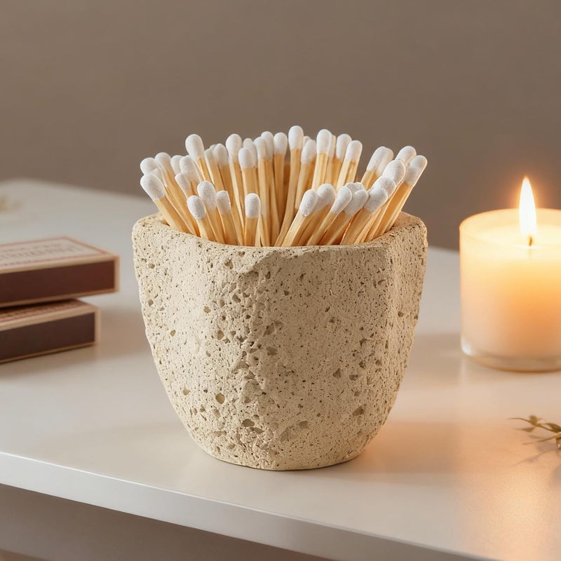 Augonla 3.34â€ x 2.95â€ x 2.36â€ Concrete Match Holder with Striker, Box of Matches for Decorative Matches, Match Box for Fireplace Candles, Home Bathroom Decor, Oatmeal - Image 1