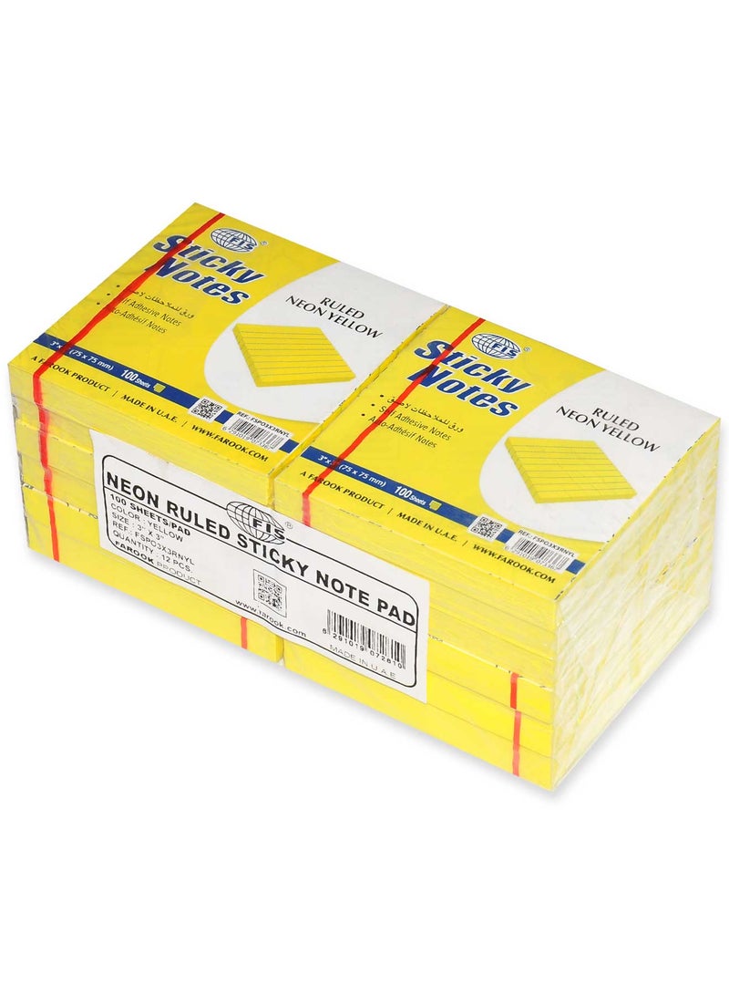 FIS Sticky Note Pad, 3X3 inches, Pack of 12, Ruled Neon Yellow -FSPO3X3RNYL