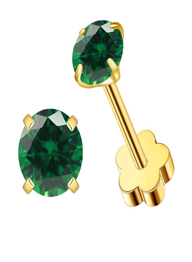 VDKIDKT Flower Screw Back Birthstone Stud Earrings for Women Girls, 3mm G23 Tiny CZ Flat Back Stud Earrings, Screw Back Helix Earrings (Gold, 5.May-Emerald) - Image 1