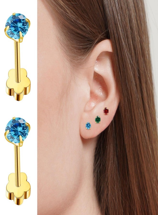 VDKIDKT Flower Screw Back Birthstone Stud Earrings for Women Girls, 3mm G23 Tiny CZ Flat Back Stud Earrings, Screw Back Helix Earrings (Gold, 5.May-Emerald) - Image 3